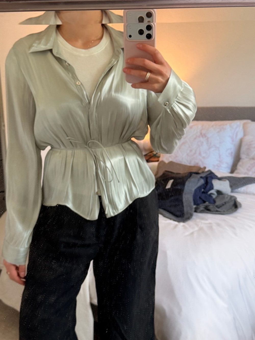 Zara Light Sage Satin Tie-Waist Blouse - Women Tops